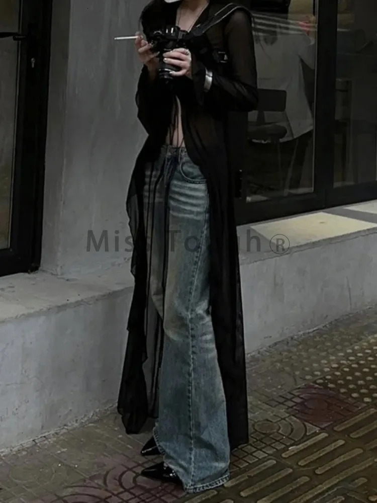 Vintage Y2k Black See Through Long Cardigan Women Sexy Grunge Vneck Streetwear Tops Summer Chic Aesthetic Bandage Slim Blouse 241214