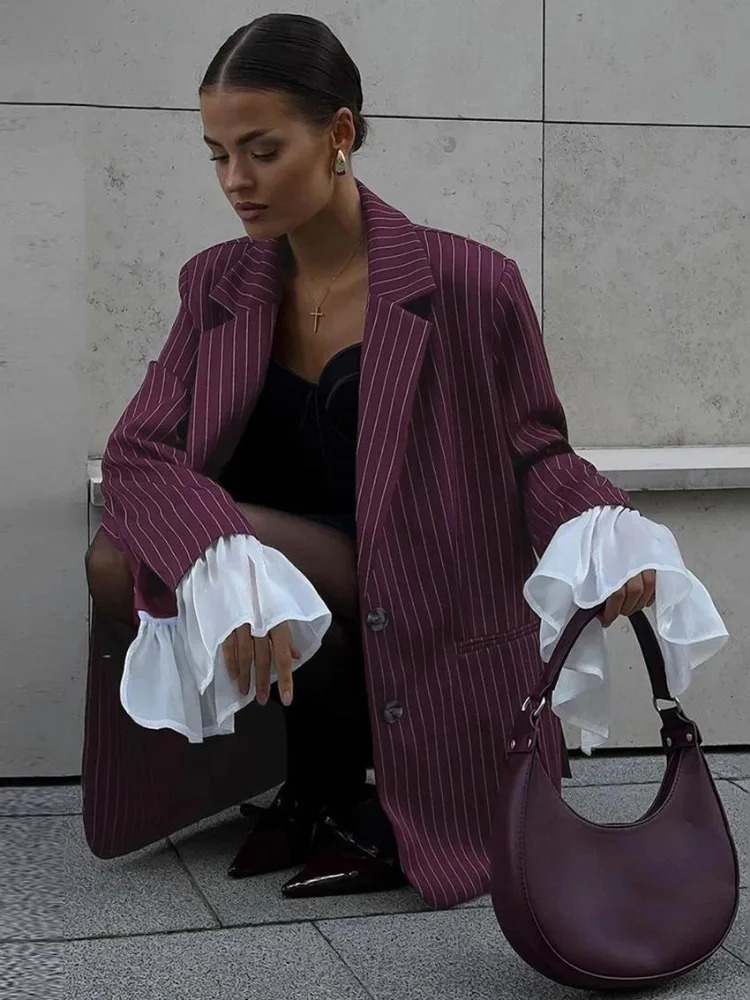 Trendix Loose Fashion Burgundy Blazer Womens Winter Lapel Patchwork Long Sleeve Stripe Jackets Street Casual Eelgant Coats 241209