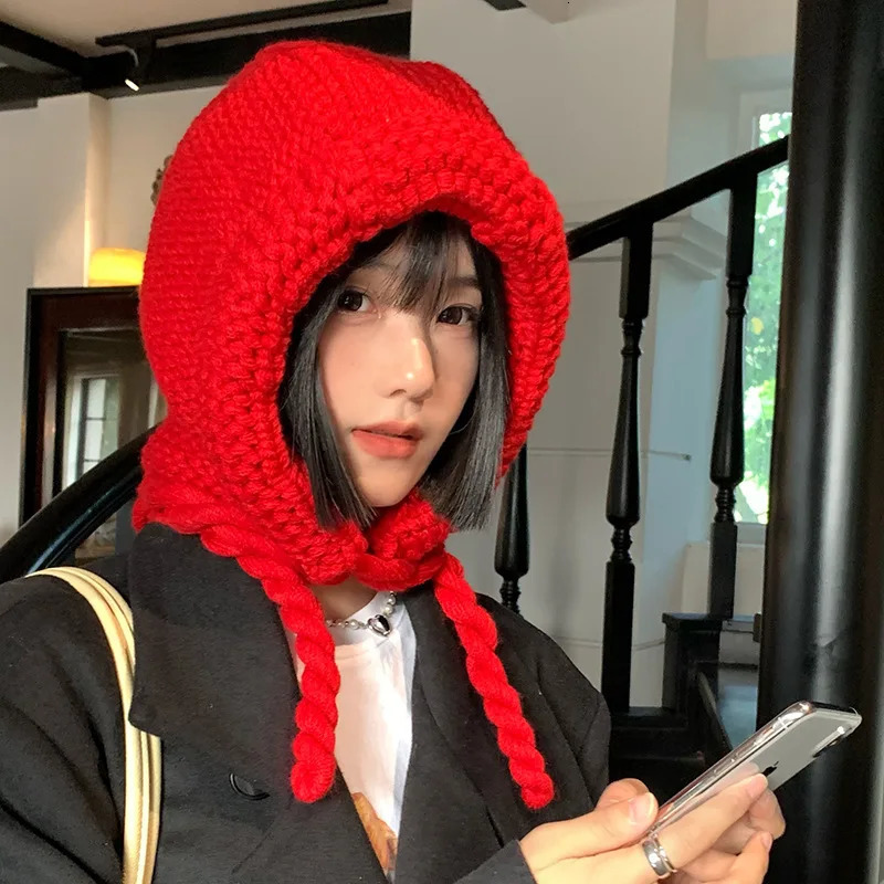 Cute Little Red Riding Hood Womens Autumn/Winter Knitted Wool Lace Earrings Korean Warm Matching Red Riding Hood 241205