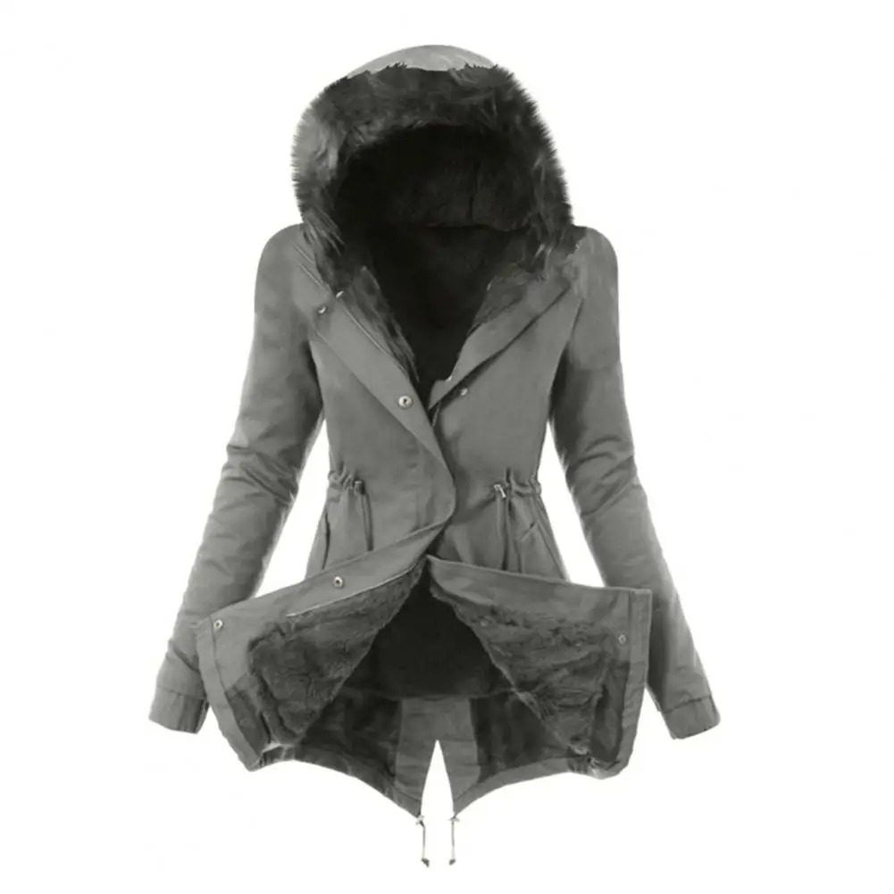 Winter womens cotton blend jacket windproof with fur cap pocket zipper down 241212