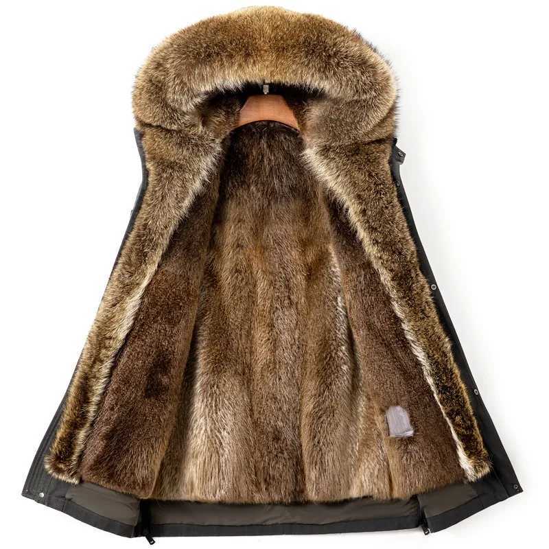 Winter natural fur jacket mens clothing medium length Parka gold satin lined coat fashionable warm fur coat big raccoon fur collar W241213
