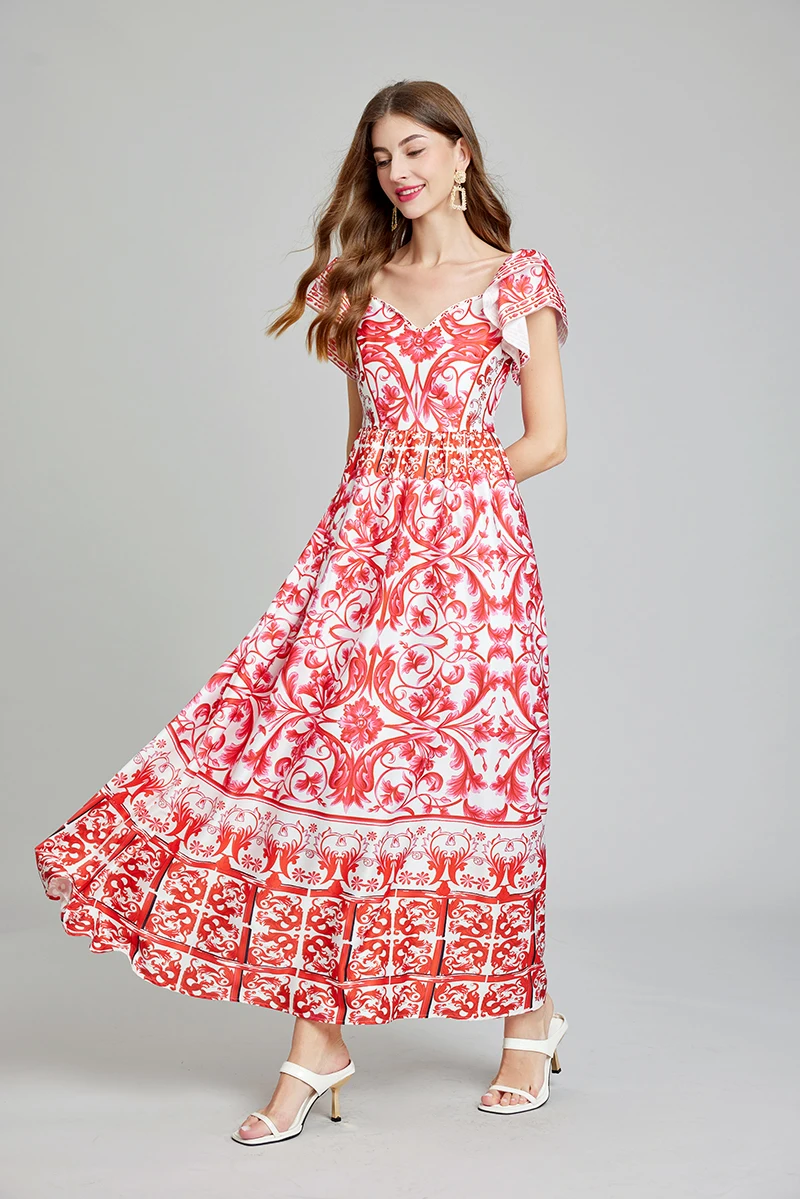New Casual Summer Runway Summer Holiday Floral Maxi Dress Women Red White Porcelain Flare Ruffle Sleeve A Line Big Hem Long Beach Dresses 2025
