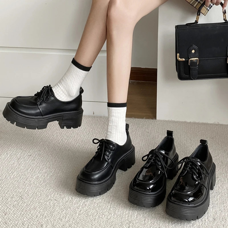 Lucy patent leather platform Loafers womens Preppy Style lace up Oxford shoes womens black thick soled Y2K womens shoes 241213