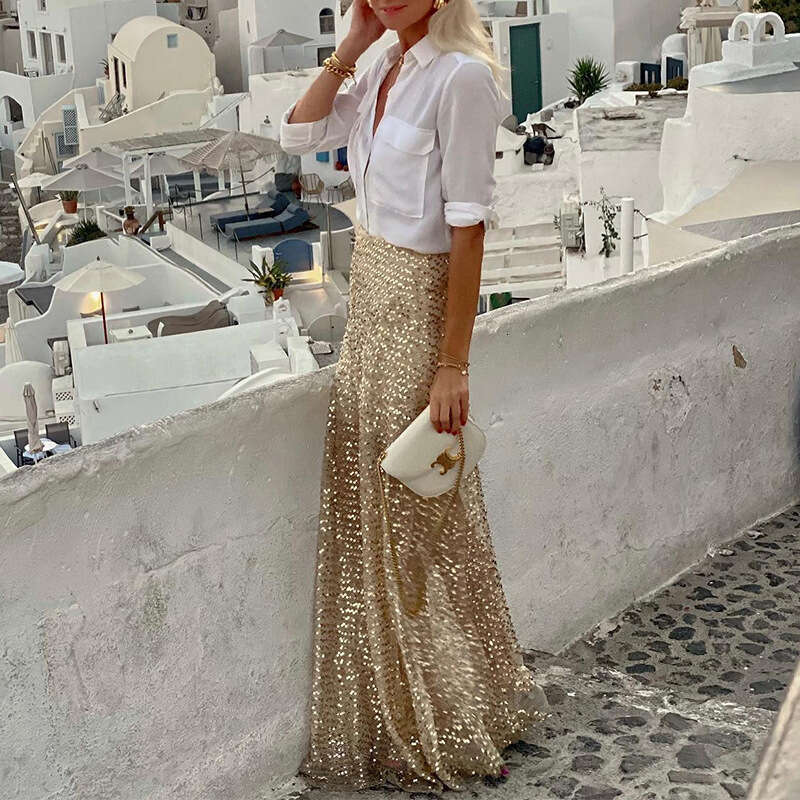 Spring Autumn Cross Border European And American Women's Clothing Long Half Sequined Skirt