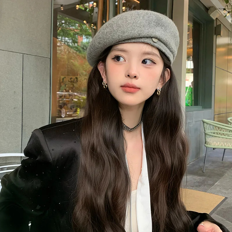 Grey wool beret womens autumn and winter trend artist hat with big head circumference small face warm versatile 241210
