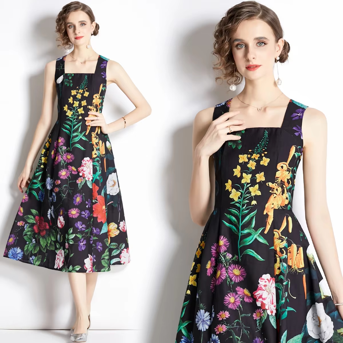 Casual Dresses Summer Bohemain Summer Fall Floral Vestidos Print Straps Sleeveless Ladies Casual Beach Holiday Sundress Midi Women Dress 2025