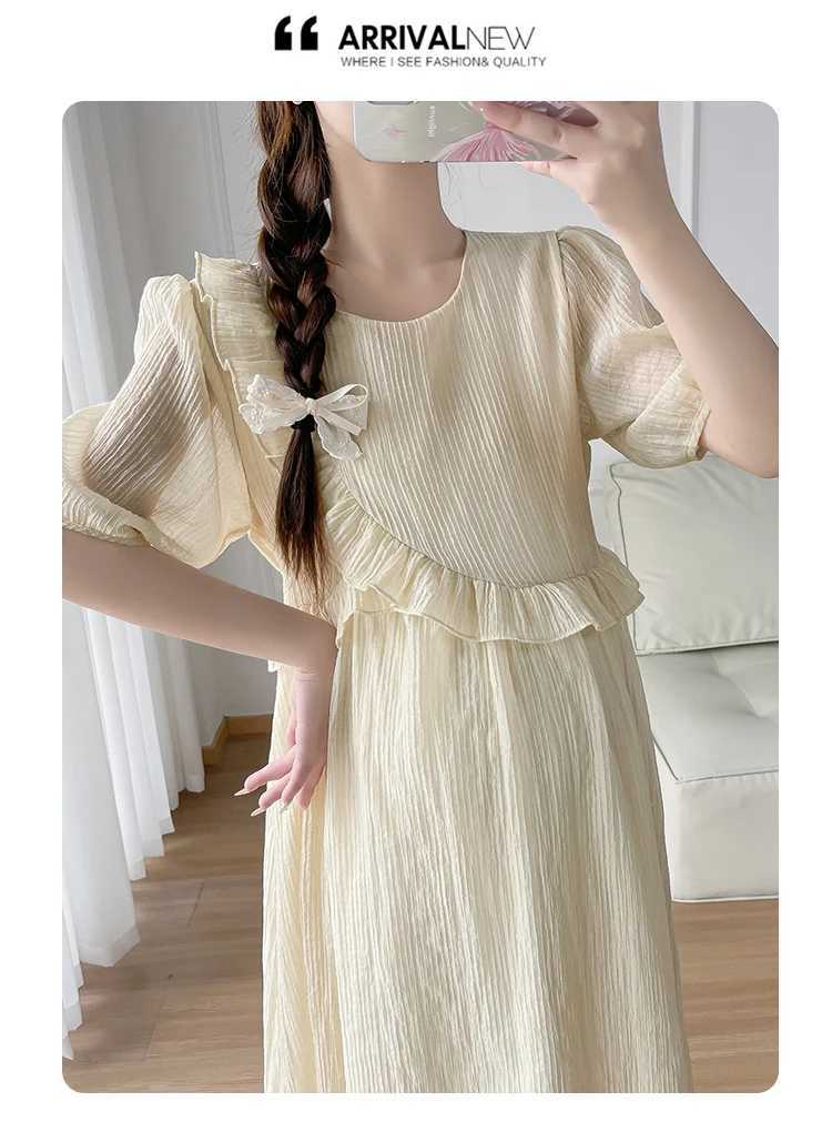 Summer Materni Long Par Dress Sweet Ruffles Patchwork Puff Sleeve O-neck Pregnant Woman Pleated Mesh Dress Princess DressesXJ241213