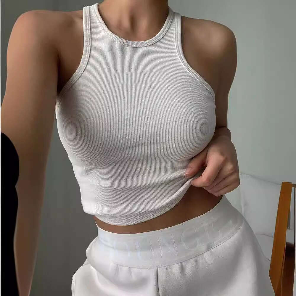 American INS summer spicy girl elastic slim fit round neck narrow shoulder vest women's short style tight solid color tank top 2024 new casual fa