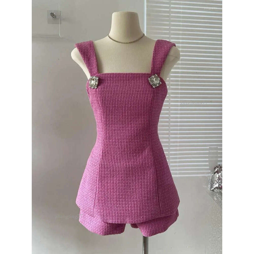 Women's Tracksuits 2023 Summer Y2K Two Piece Suit Women Back Bowknot Square Collar Luxury Diamond Buttons Spaghetti Strap Camisole Shorts