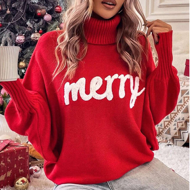 Processing custom European and American foreign trade women's Christmas sweaters, fashionable loose fitting high neck knitted sweaters for women