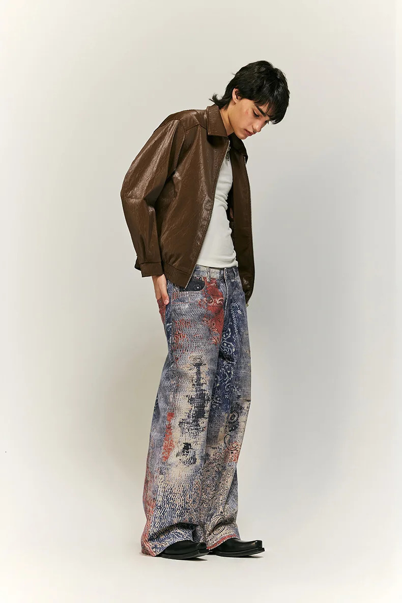 High Street Cashew Flower Digital Printed Denim Cargo Jeans Baggy Vintage Y2k Jeans 241213