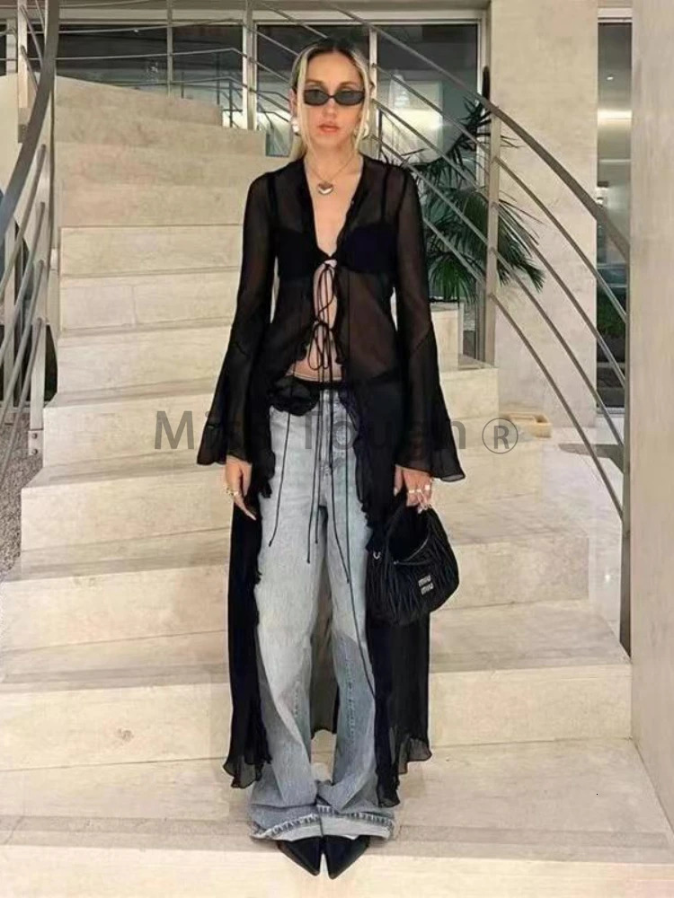 Vintage Y2k Black See Through Long Cardigan Women Sexy Grunge Vneck Streetwear Tops Summer Chic Aesthetic Bandage Slim Blouse 241214
