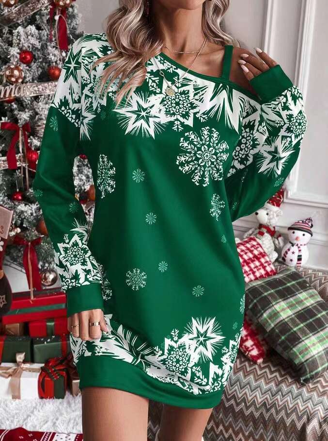Christmas Snowflake European American Printed Long Sleeve Slanted Shoulder Autumn/Winter Dress for Women 2024 New Style, Unique and Elegant Clothing