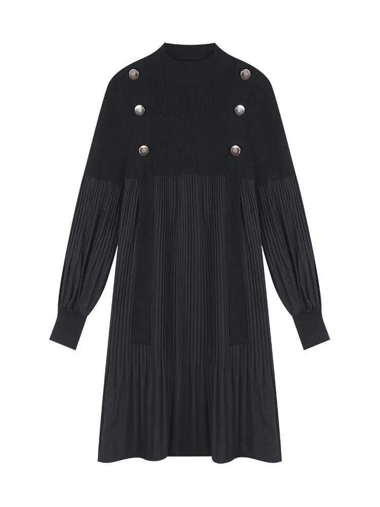 Pregnant Woman Spring Clothes Long Sleeve O-neck Knitting Patchwork Chiffon Pleated Dress Loose Pregnancy Dresses Black GreenXJ241213