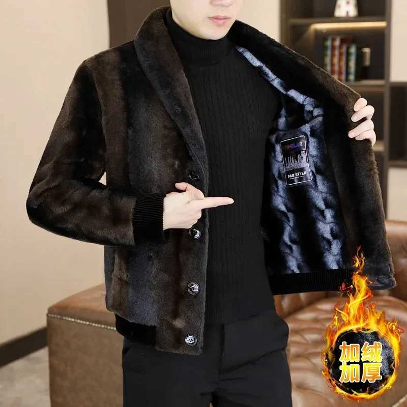 2023 Luxury Winter Artificial Fur Mink Jacket Mens Flip Collar Retro Casual Business Simulation Fur Coat Office Social Mens Clothing M-4XL W241213