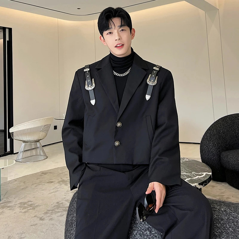 IEFB Elgance Mens Suit Coat Metal Buckle Leather Strap Niche n Short Korean Style Blazers Fashion Autumn Tops 9C2135 241211