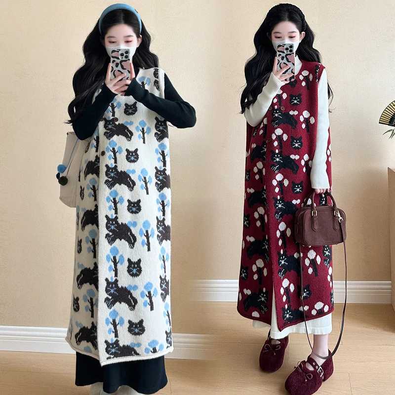 Pregnant Woman Autumn Winter Sleeveless Knitted Dress Fashion Printed Materni Sundress Button Fly Long Loose Cardigans SweaterXJ241213