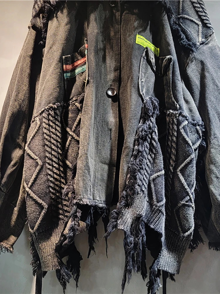 DEAT Womens Denim Coat Patch Work Knitted Wash Black Gery Irregular Old Loose Jacket 2025 Spring Fashion 29L8172 241211