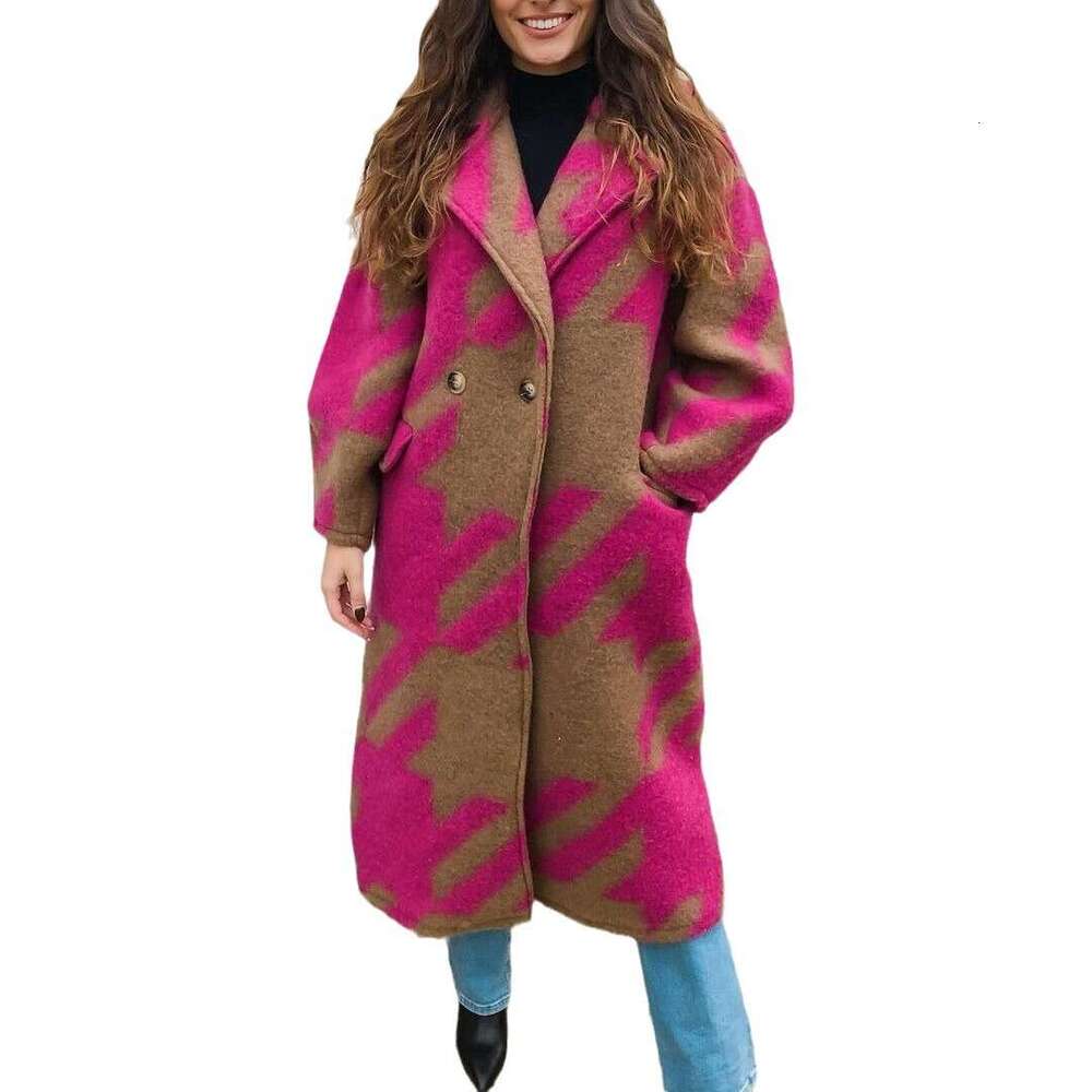 New European And American Autumn Cross Border Women's Clothing Multiple Color Blocked Fashion Long Sleeved Collar Printed Woolen Coat