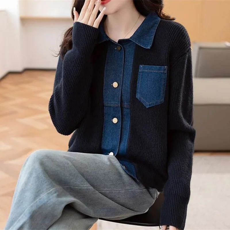Fashion denim patchwork lapel knitted jacket for womens spring and autumn cardigan wool sweater top 2025 item 241211