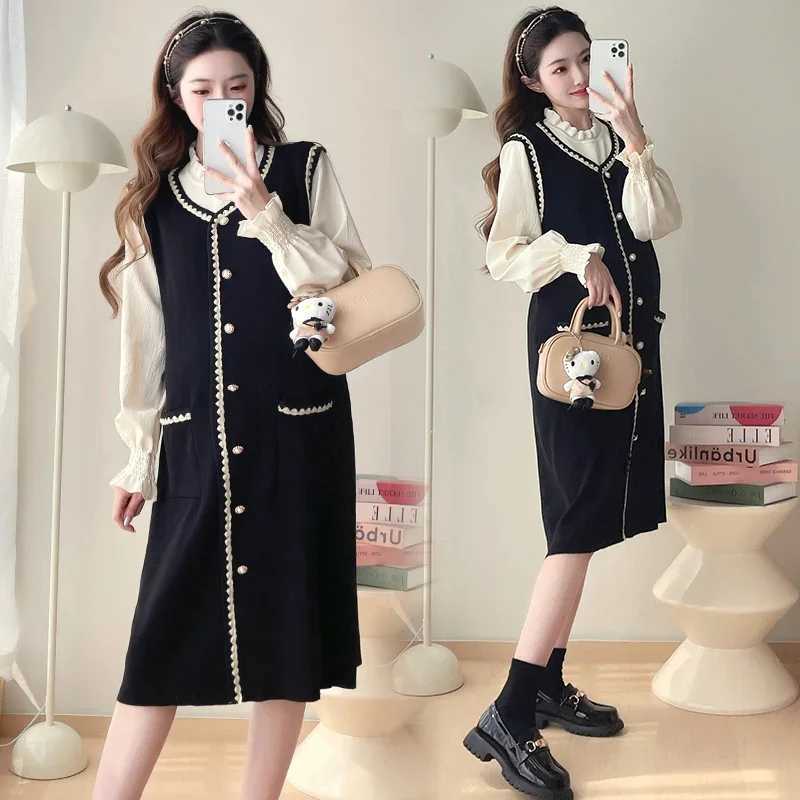 2025 Autumn Winter Materni Knitted Dress Elegant Long Sleeve Ruffles Collar Patchwork Faux Two Pieces Pregnant Woman DressesXJ241213