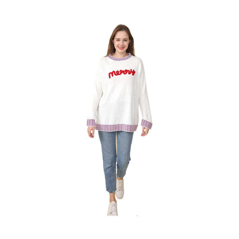 European and American Christmas New Knitted Women's Loose Long Sleeve Letter Embroidered Sweet Beauty Style Sweater
