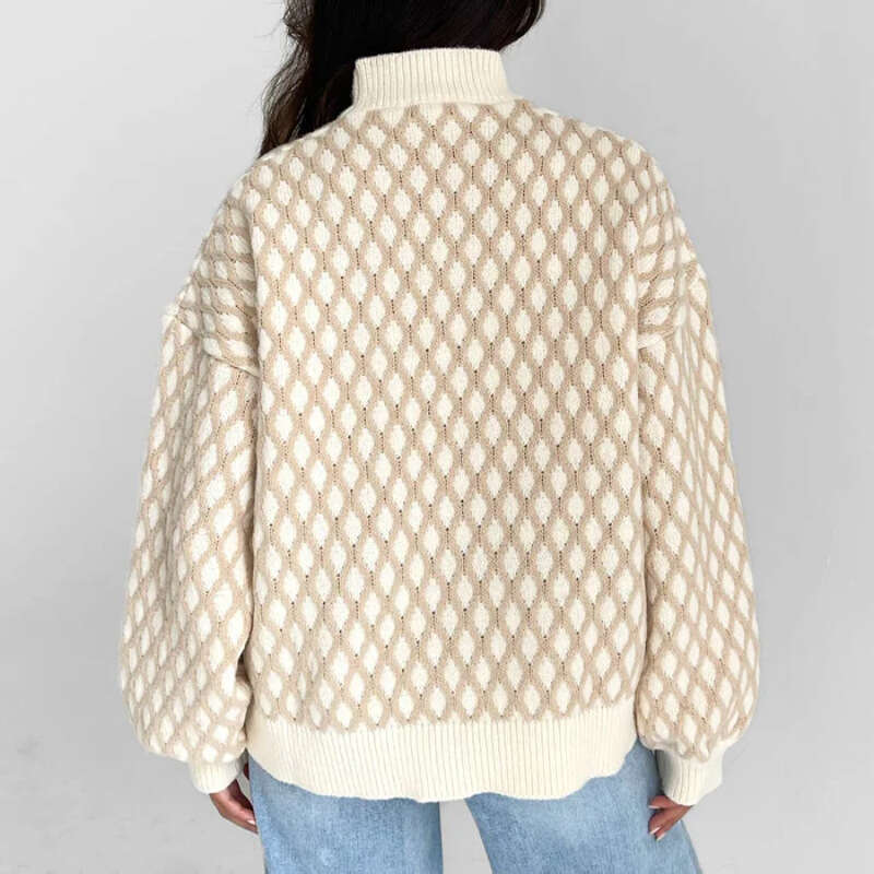 2024 autumn winter new European and American knitted top women's round neck plaid lantern sleeves loose pullover sweater for women