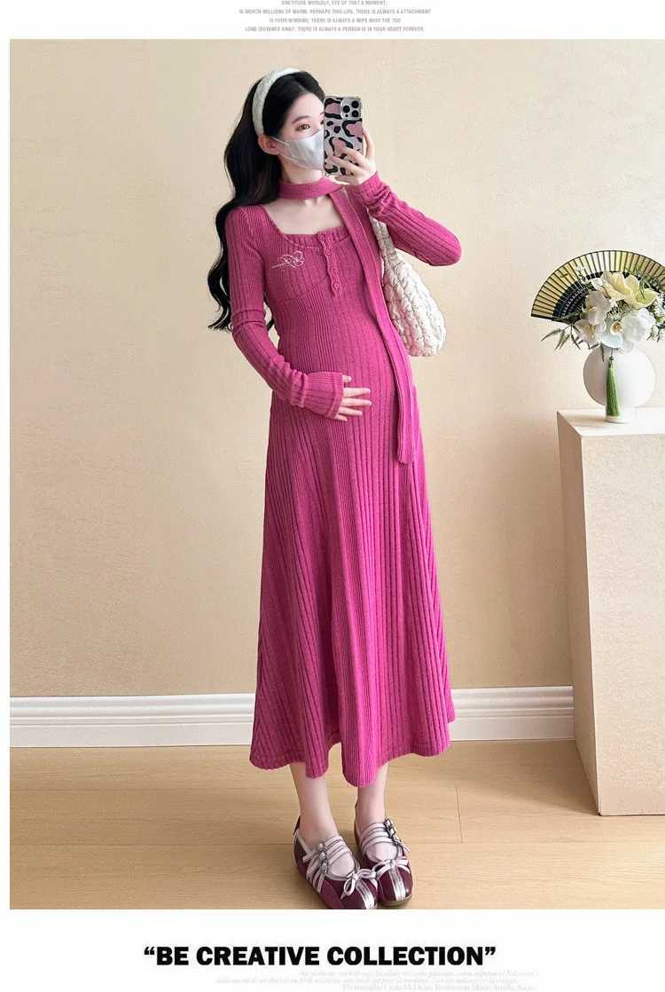 Winter Long sleeve square collar pregnant women knitting dress high waist long sleeve materni dress new year par dress niceXJ241213