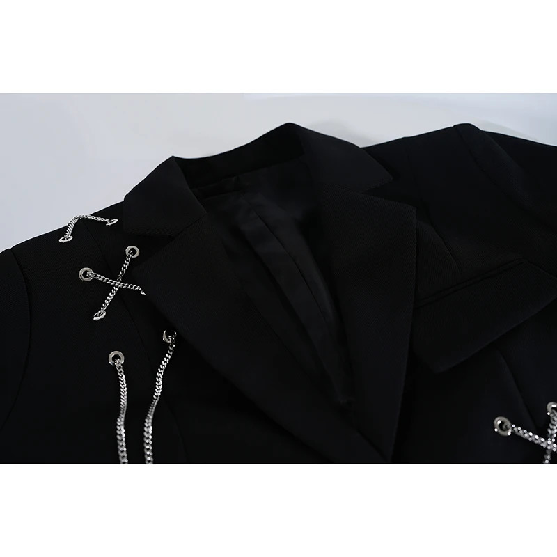 Women Punk Gothic Cropped Blazer with Metal Chain Harajuku n Streetwear Chic Patchwork Suit Office Lady Commute Short Coat 241209