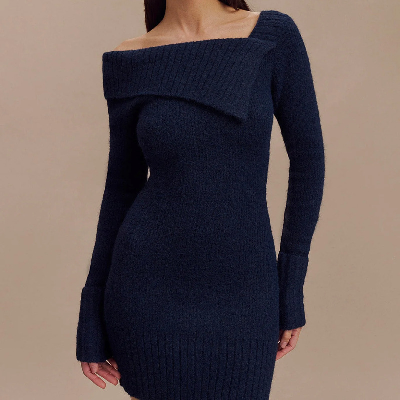 New Autumn And Winter Women's Sexy Off Shoulder Long Sleeved Knitted Elegant Dress Short Skirt For Women