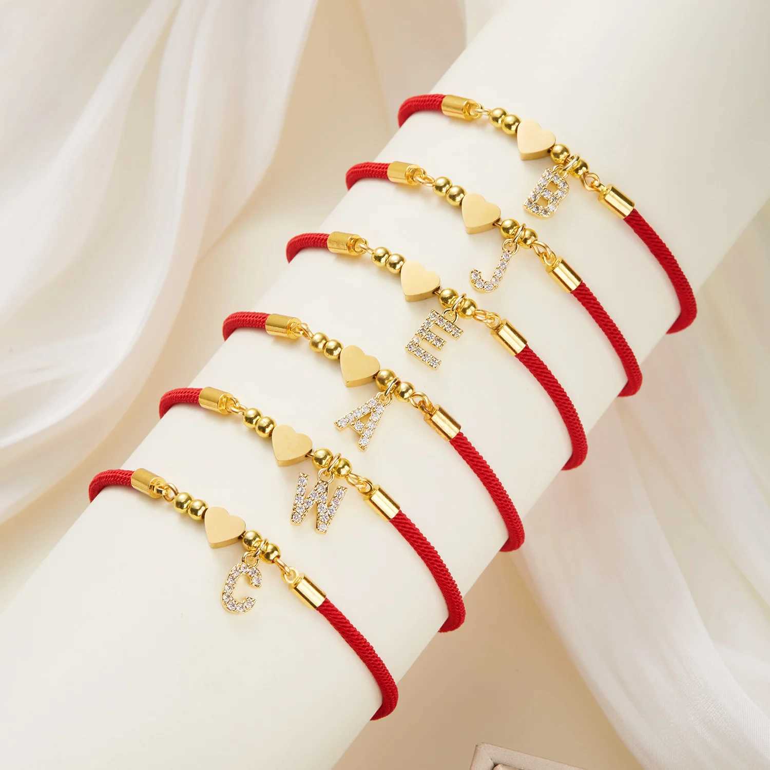 Stainl Steel Gold Color A-Z Heart Initial Letter Bracelet for Women Lucky Red Adjustable Rope Bracelet Charm Jewelry GiftXJ241214