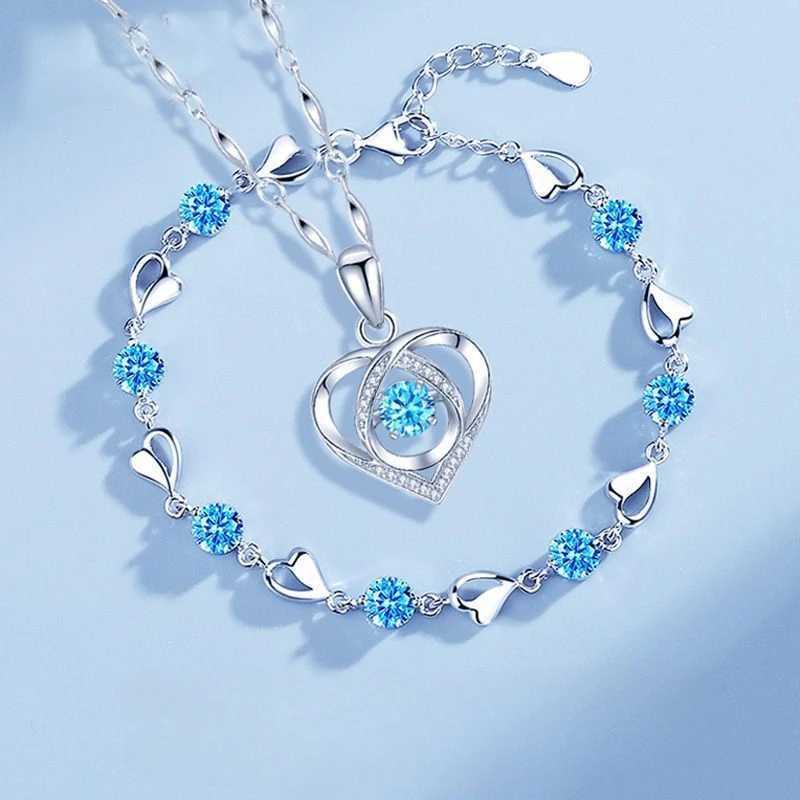925 Sterling Silver Heart Shed Necklace Bracelet Set for Women Vintage Korean Crystal Bracelets High Quality Set Party JewelryXJ241214