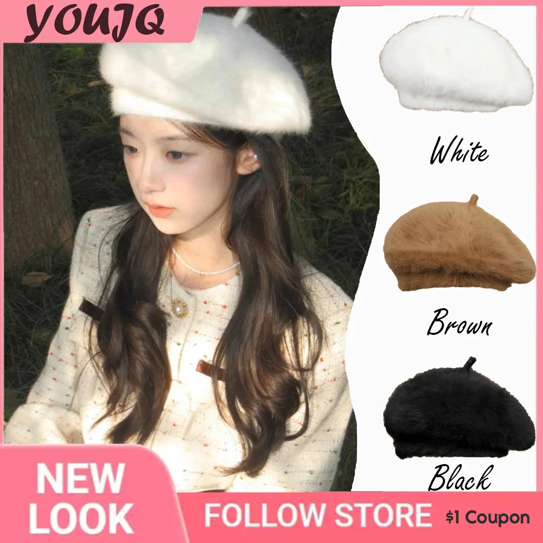 Winter Angora Rabbit Fur Berets for Woman Solid Color Beret Comfortable Plush Korean Berets Girls Shopping Caps Boina 241214