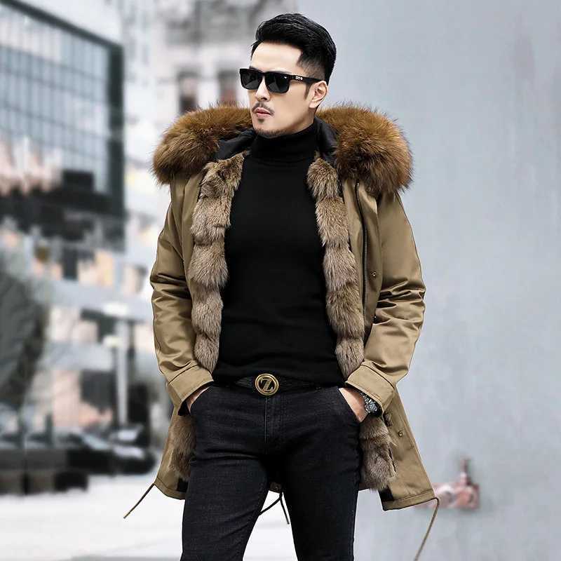 Home>Products>Mens Thick Warm Parka Medium length Detachable Fox Fur Lining Raccoon Fur Collar Winter Fashion Fur Coat W241213