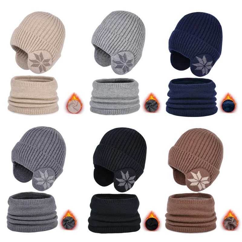 Winter childrens knitted hat scarf 2 pieces childrens hat collar warm skiing childrens Beanie with earrings plush lining childrens hat set 4-10Y W2412
