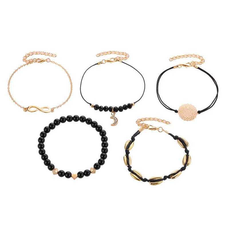 5pcs/set Bohemia Shell Moon Charm Bracelet set For Women Heart Geometric Black Beads Chain Bangle Girls Fashion Jewelry GiftXJ241214