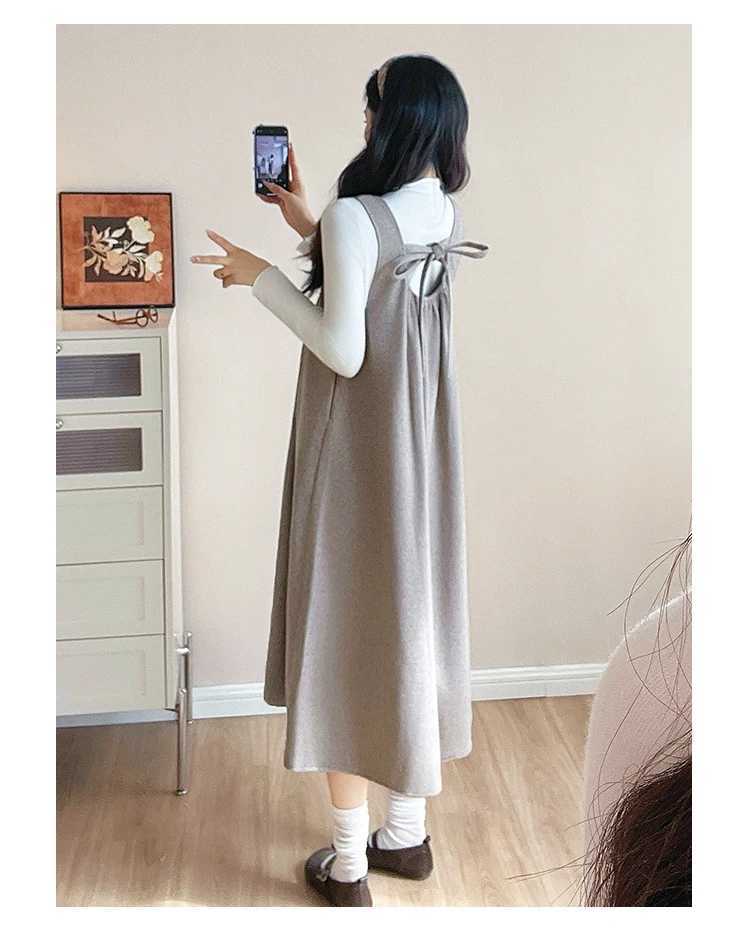 Korean Sle Autumn Materni Strap Dress Solid Color Long Loose Pregnant Woman Pleated Dress Sweet Pregnancy Woolen Dress CuteXJ241213