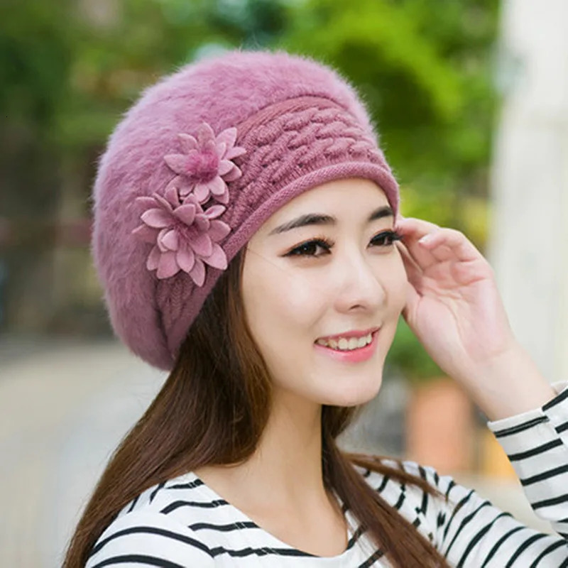 Floral Patchwork Elegant Ladies Knitted Hats Cap Autumn Winter Solid Color Female Fashion Skullies Beret Hat 241214