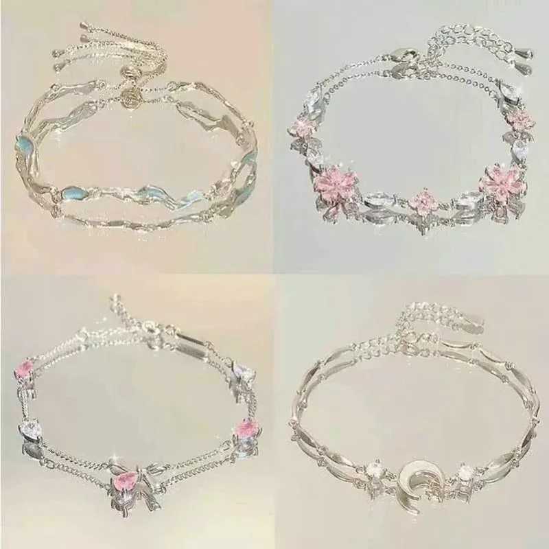 Elegant Fairy Pink Crystal Zircon Sakura Flowers Bracelet for Women Y2K Sweet Girls Cherry Blossom Moon Bow Knot Jewelry GiftsXJ241214