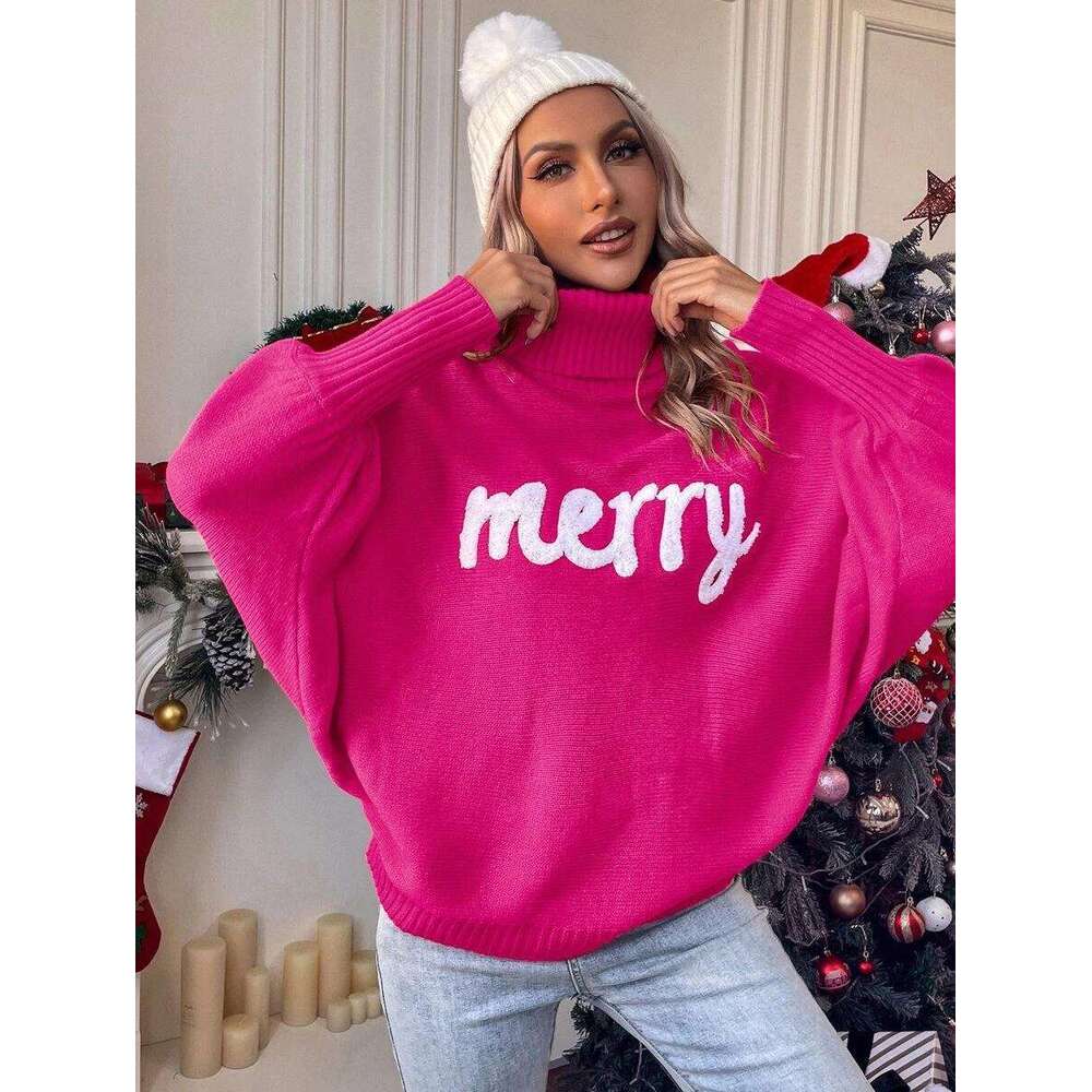 European American Christmas high neck sweater women's autumn and winter loose bat sleeves outer wear knitted top women