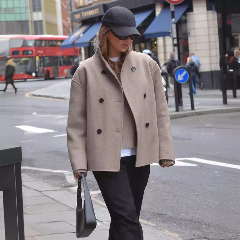 Double Breasted Solid Color Woolen Coat For European And American Foreign Trade, Casual Temperament, British Style Versatile Top, Fashionable Quality,