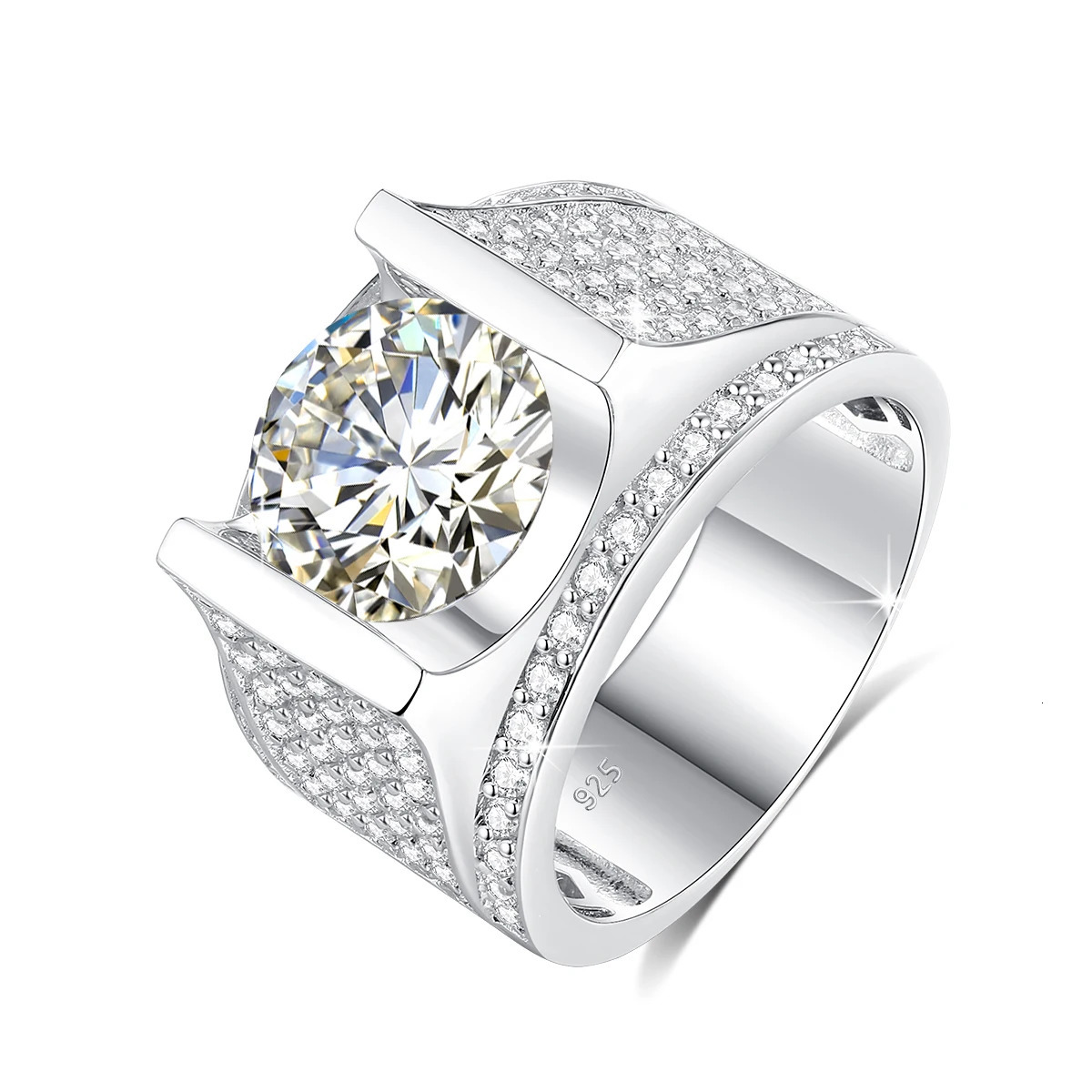 High Quality Real Silver Mens Ring 4ct 10mm Round Cut Hip Hop Wedding Jewelry With Certificate Man Engagement Gift 241214