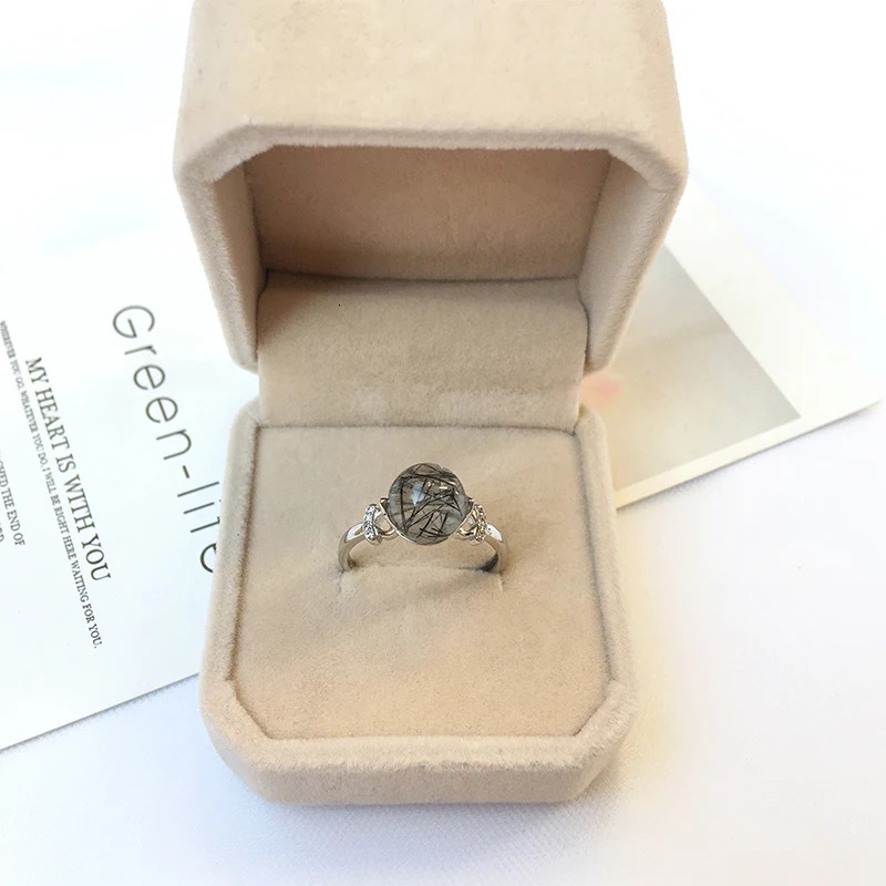 Natural Black Tourmaline Adjustable Sterling silver Ring Black Rutilated Quartz Women Fashion Finger Ring Healing Jewelry gift 241214