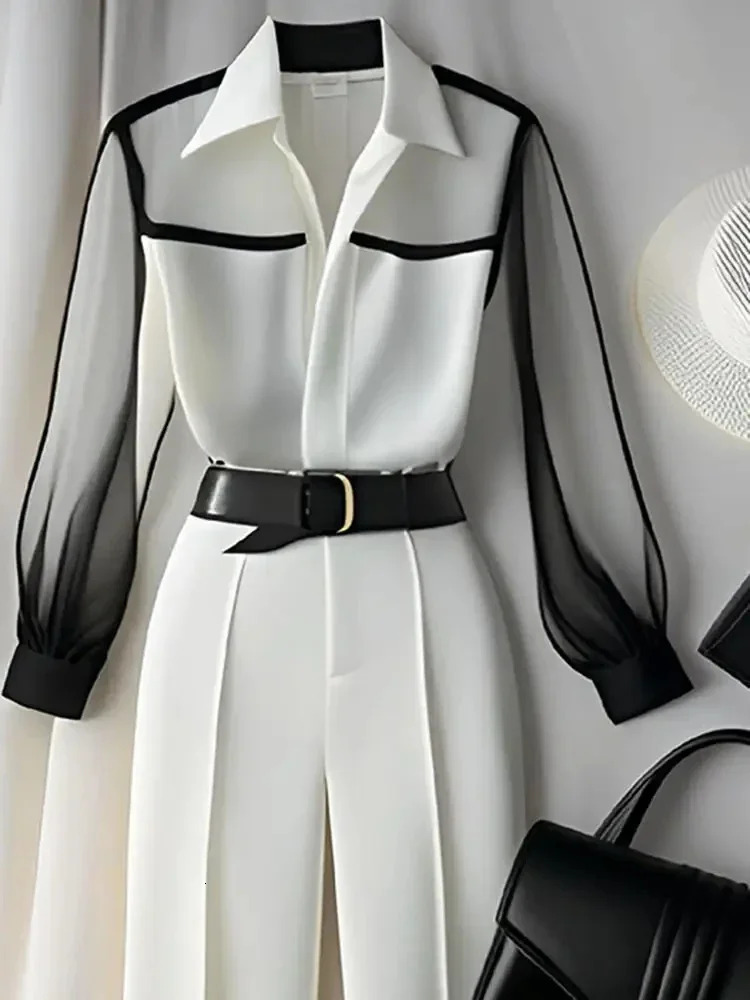 White Trousers 2 PC Loose Pant Sets Two Peices Set Vintage Perspective Shirt Autumn Blouse Sleeve Korean Women Suits Tops