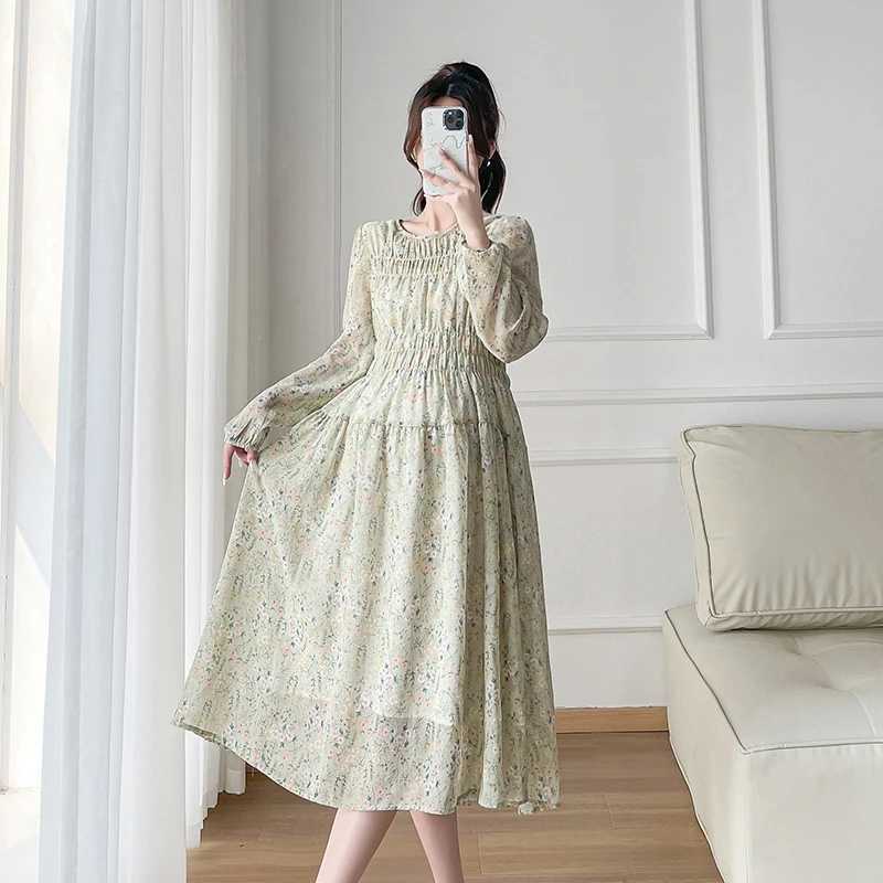 2024 Spring Materni Chiffon Dress Long Lantern Sleeve O-neck Fashion Printed Pregnant Woman Floral Dress Pregnancy Beach DressXJ241213