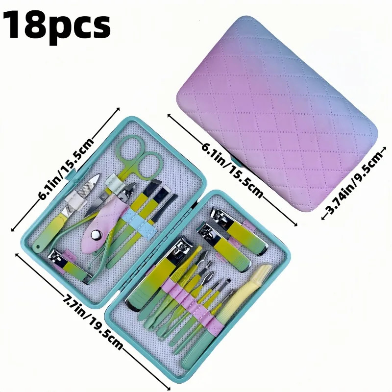 18pcs Nail Care Kit Gradient Color Stainless Steel Nail Clippers Set Portable Manicure Tools Includes Storage Case 241213