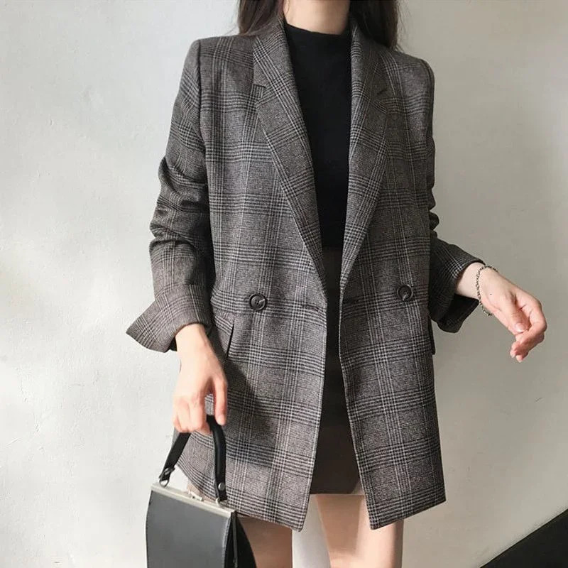 Women Winter Plaid Blazers Coats Korean Fashion Elegant Solid Thick Jacket Female Double Breasted Office Lady Long Overcoat 241209