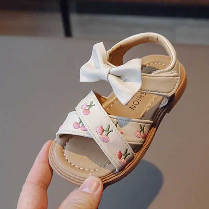 Sandals Summer Sandals for Girls Bow-knot Embroid Flower Children Sliders Green Pink 22-31 Classic All-match Soft Kids Flat Shoes H07051 H241213