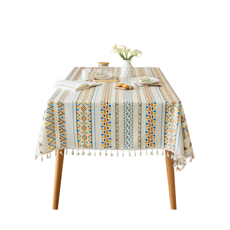 Cotton And Linen Non Washable Fabric, Ethnic Style Rectangular Tassel Tablecloth Waterproof And Oil Resistant LN1266