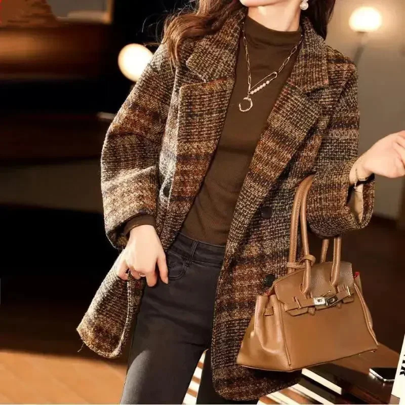 Jacket Tweed Velvet Coats for Women Outerwears Over Wool Blend Plaid Clothes Warm Green Dress Long Check Blazer Woman American 241209